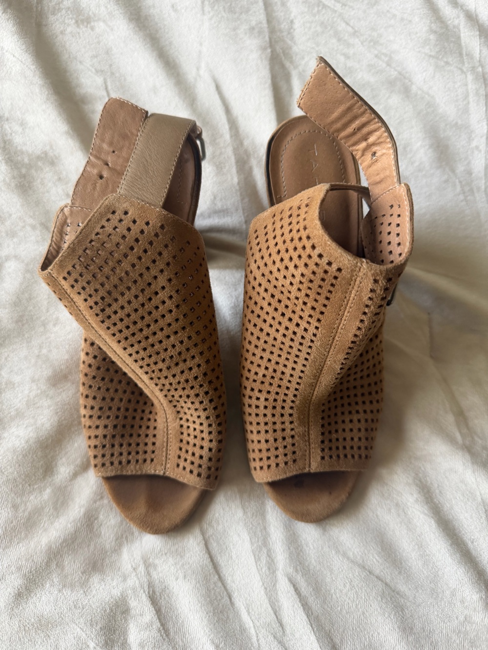 Tahari Tan Perforated Open-Toe Slingback Heels
